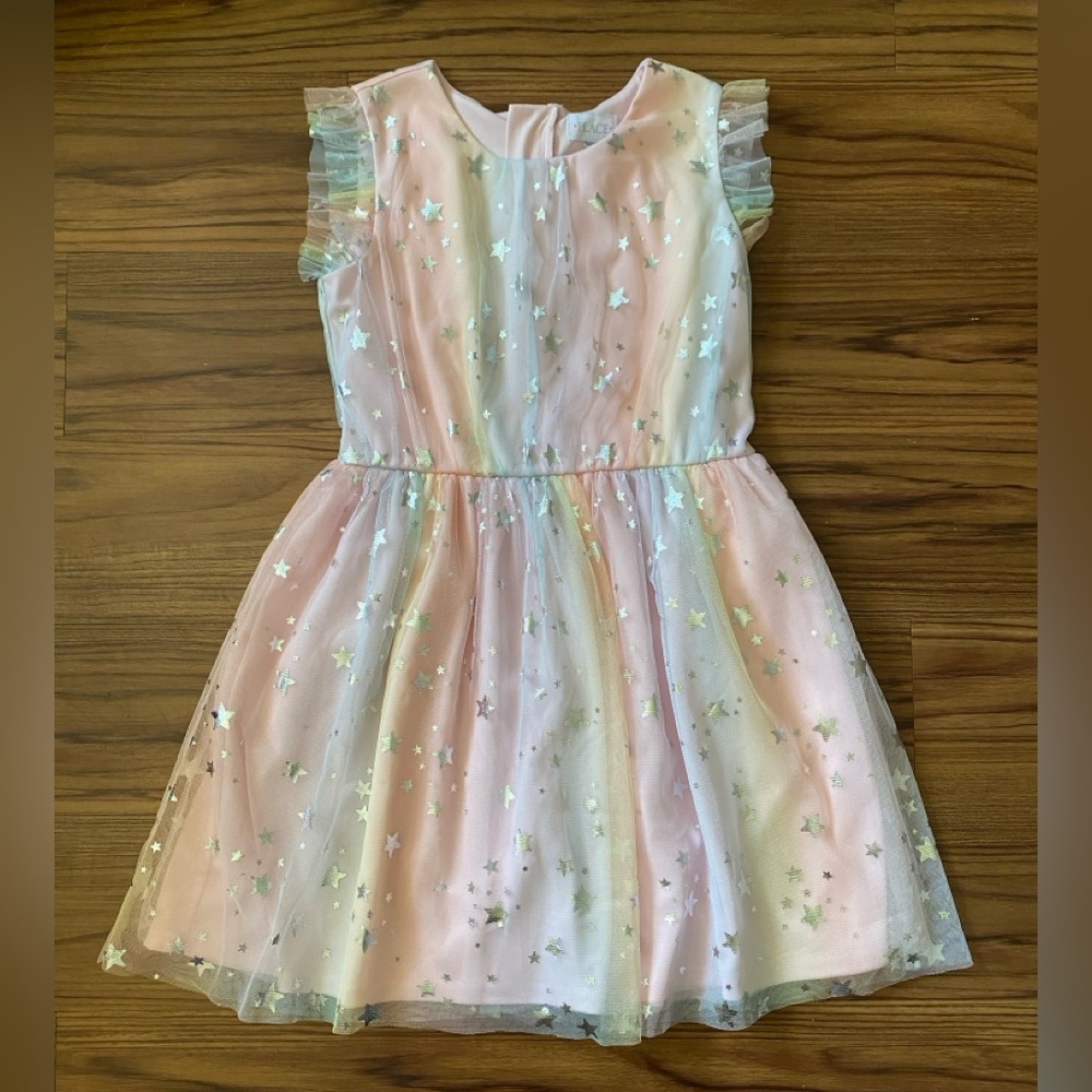 NWOT Children's Place Pastel Glitter Rainbow Ombre Mesh Flare Dress Size 14